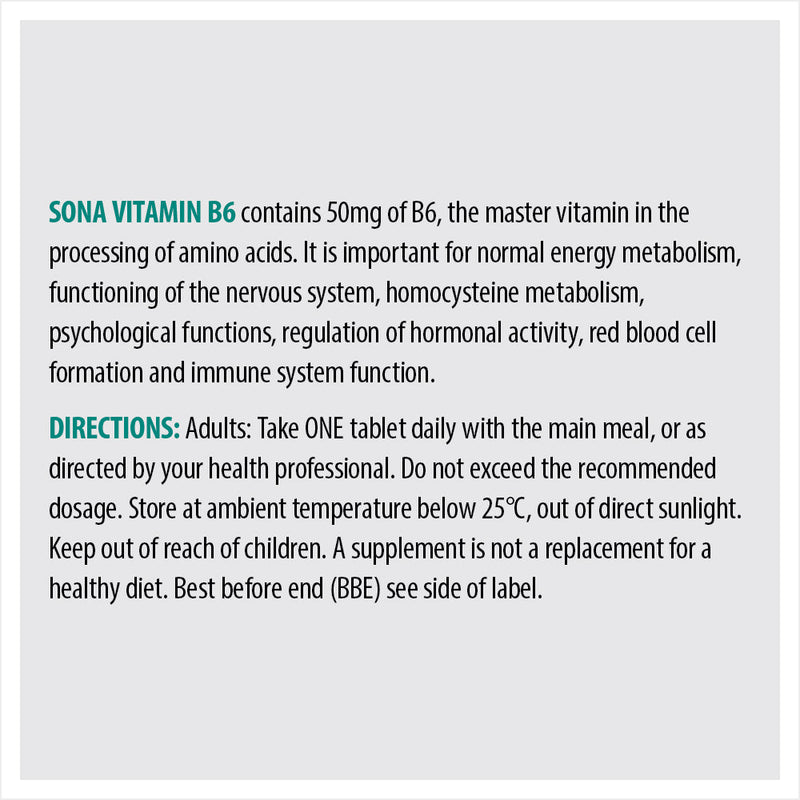 Sona Vitamin B6 50MG 30s - Cobh Pharmacy