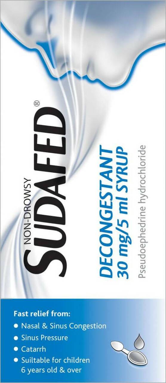 Sudafed Decongestant Syrup 30mg/5ml Pseudoephedrine 100ml - Cobh Pharmacy